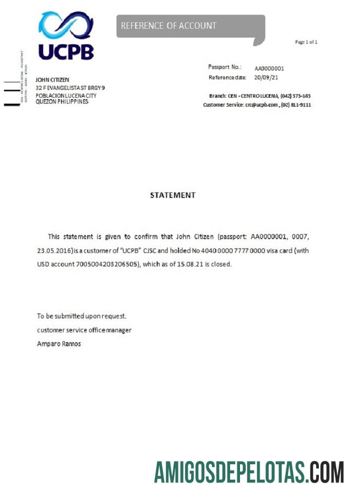 Referência de encerramento UCPB das Filipinas exemplo